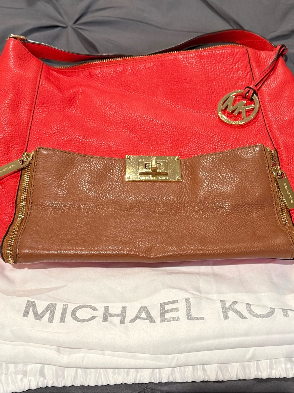 Michael Kors Red and Brown Leather Shoulder Tote with Gold Logo Charm